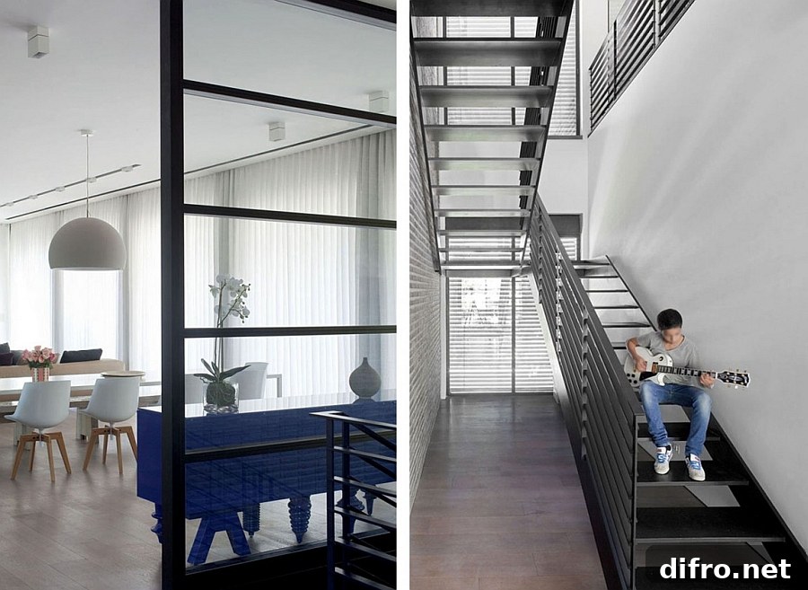 Steel staircase leading to the bedrooms
