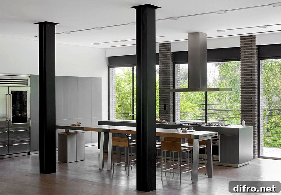 Exposed steel beams in the kitchen
