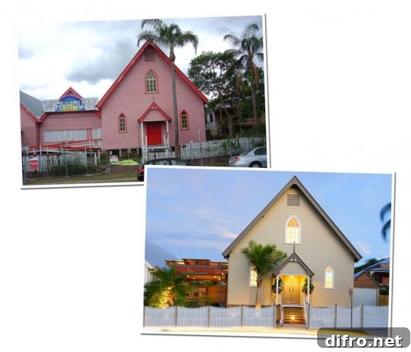 Night view of converted church and garden