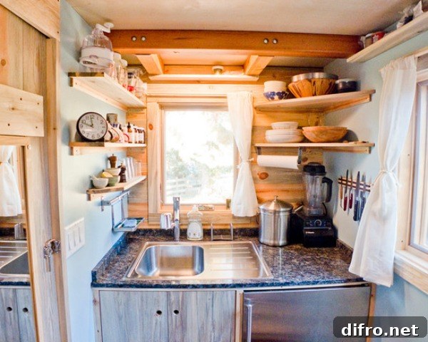 small kitchen with corner shelves