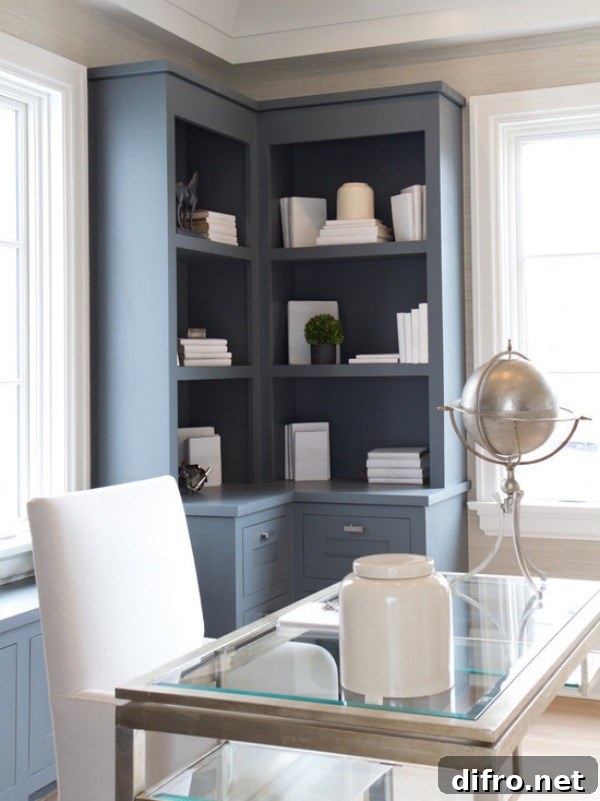 farmhouse-home-office corner built in shelves